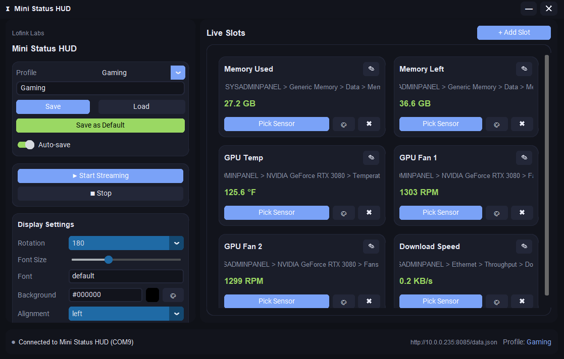 Full Tiny Hudz window showing active live slots and controls