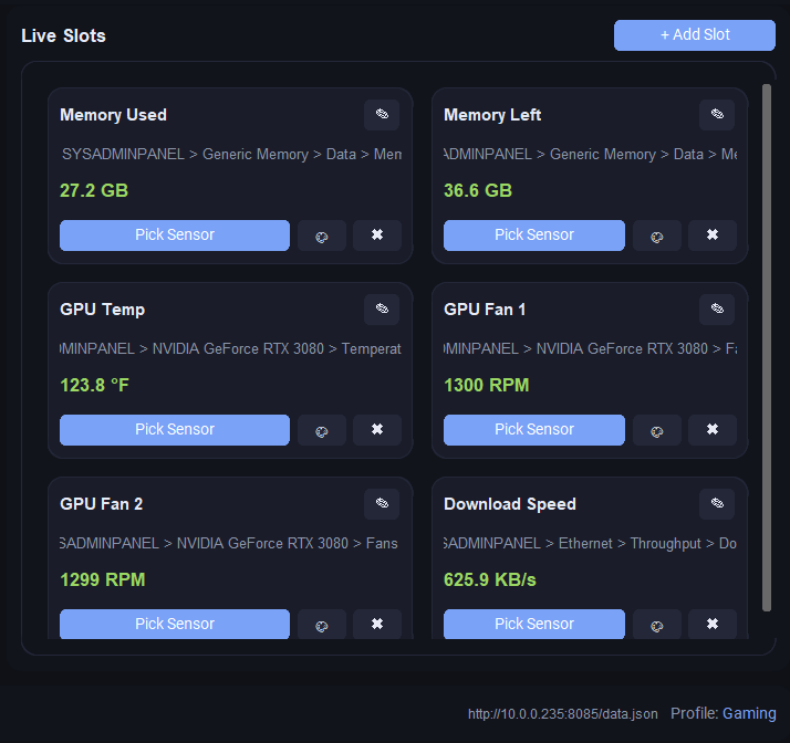 Live slot overview showing active sensor assignments in Tiny Hudz