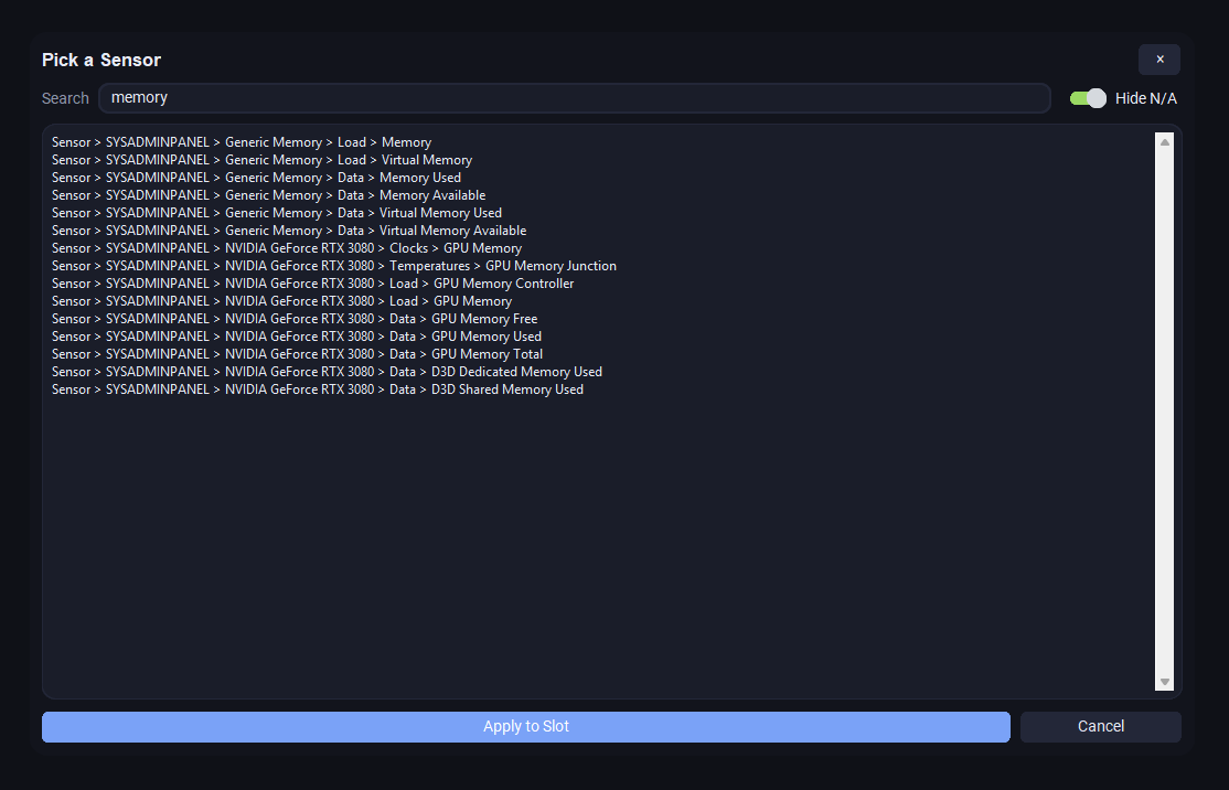 Pick-a-sensor window listing system sensors from LibreHardwareMonitor